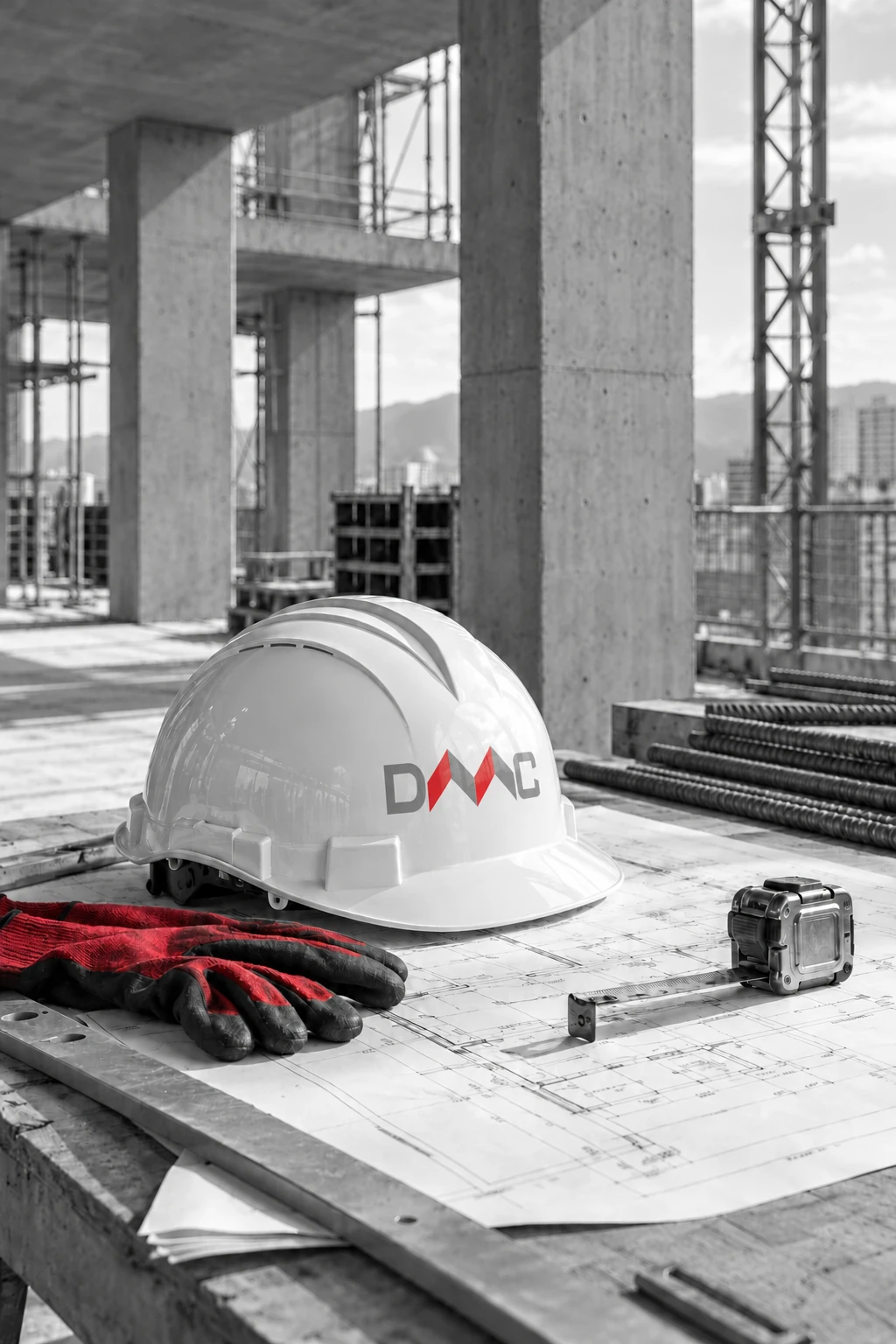 Illustration of a white safety helmet with the DMC logo, red gloves and building plans prepared for site work