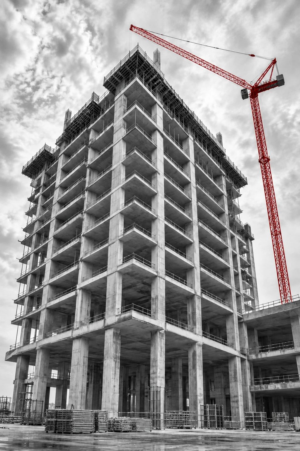Architectural illustration of a concrete building structure and tower crane